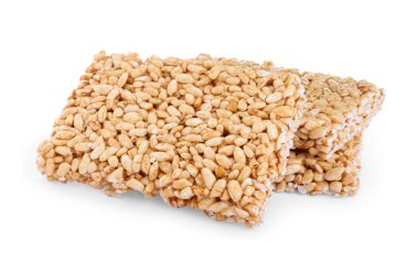 Delicious rice crispy treats on white background