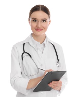 Pano ve beyaz arka plan üzerinde stetoskop ile doktor