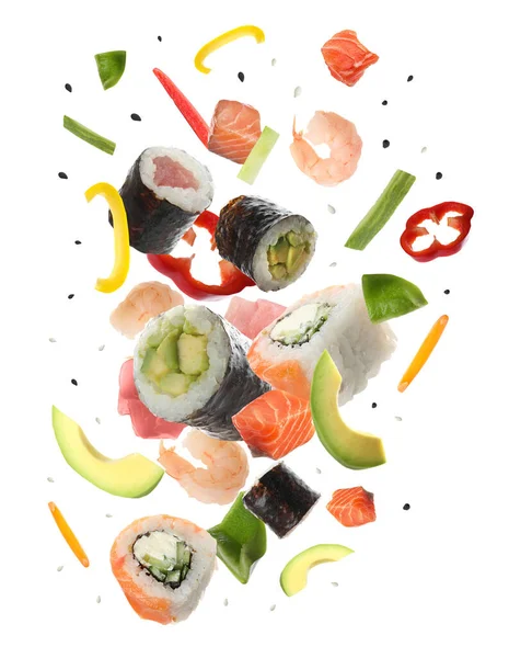 Různé Sushi Role Ingredience Bílém Pozadí — Stock fotografie