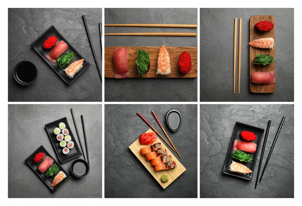 Koláž Fotografiemi Lahodného Sushi Rolky Šedém Stole — Stock fotografie