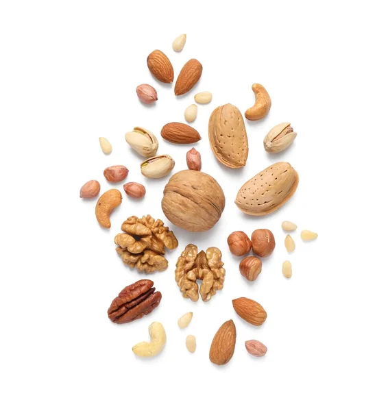 Different Delicious Nuts White Background Flat Lay — Stock Photo, Image