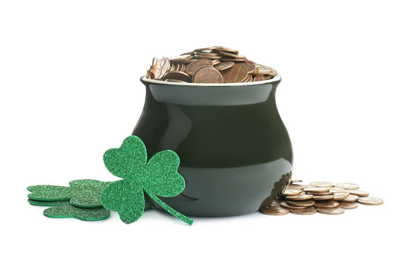 Pot Van Gouden Munten Klaver Witte Achtergrond Patrick Day Viering — Stockfoto