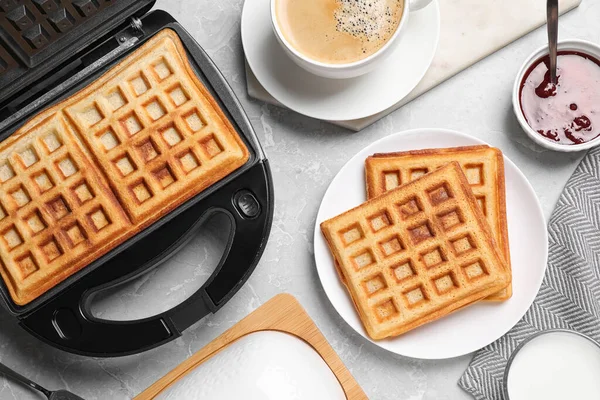 Flat Lay Composition Fresh Belgian Waffles Light Grey Marble Table — Stock Photo, Image