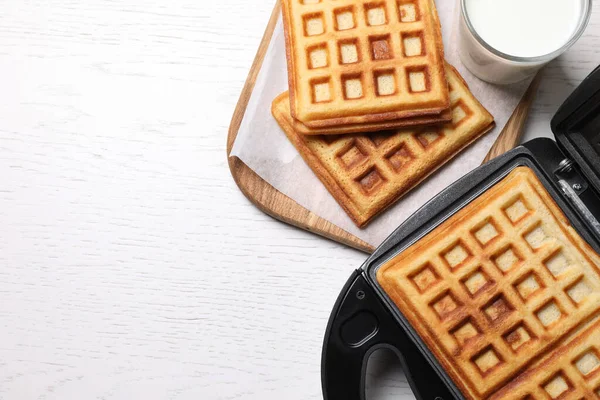 Flat Lay Composition Fresh Belgian Waffles White Wooden Table Space — Stock Photo, Image