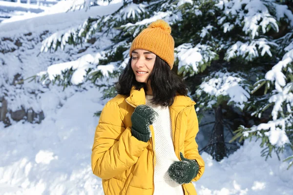 Όμορφη Γυναίκα Κοντά Χιονισμένο Έλατο Χειμερινές Διακοπές — Φωτογραφία Αρχείου