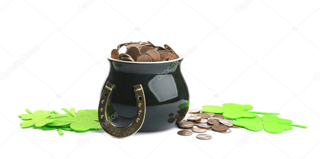 Pot of gold coins, horseshoe and clover on white background. St. Patrick's Day celebration