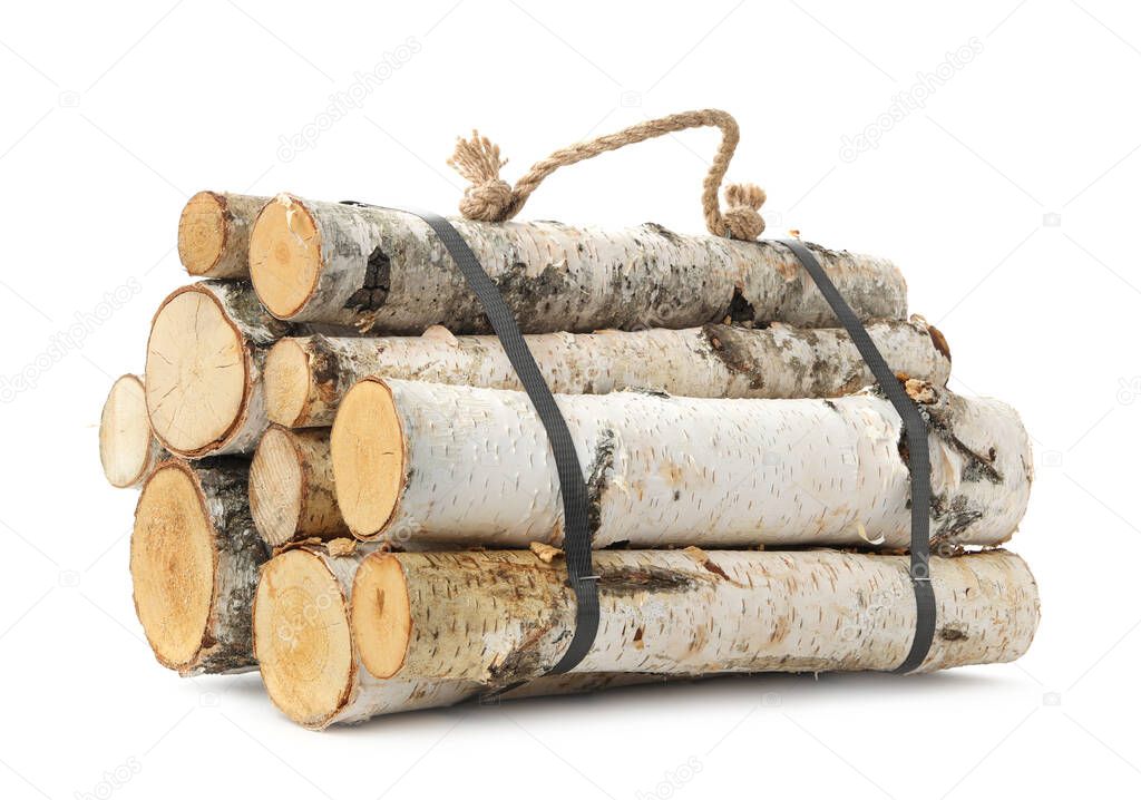 Bunch of cut firewood isolated on white