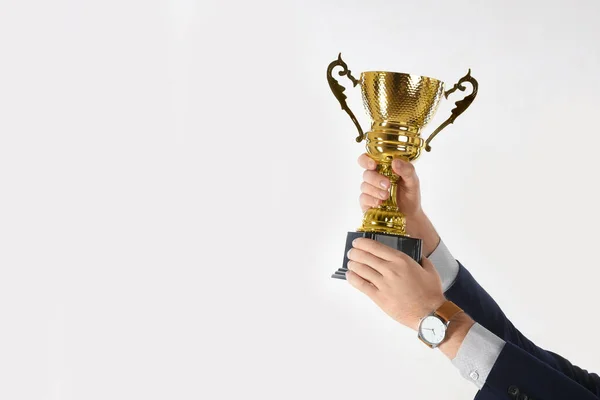 Empresario Sosteniendo Copa Trofeo Oro Sobre Fondo Blanco Primer Plano — Foto de Stock