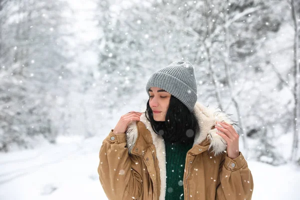 Mladá Žena Teplém Oblečení Venku Sněžném Dni Zimní Dovolená — Stock fotografie