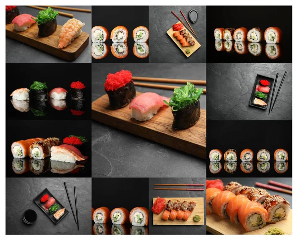 Koláž Fotografiemi Lahodného Sushi Rolky — Stock fotografie
