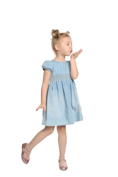Милая Маленькая Девочка Дующая Воздушным Поцелуем Белом Фоне — стоковое фото