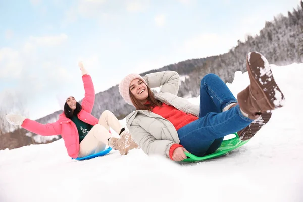 Amigos Felizes Divertindo Trenó Dia Nevado Férias Inverno — Fotografia de Stock