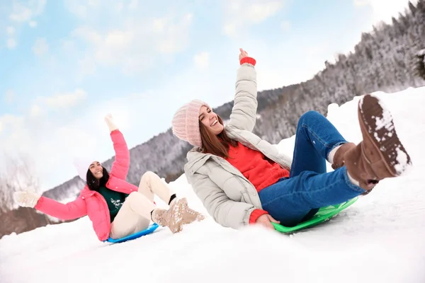 Amigos Felizes Divertindo Trenó Dia Nevado Férias Inverno — Fotografia de Stock