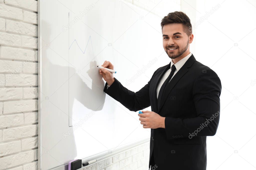 Professional business trainer near whiteboard in office