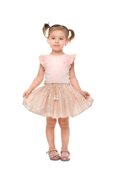 Kleines Mädchen Niedlicher Kleidung Auf Weißem Hintergrund — Stockfoto