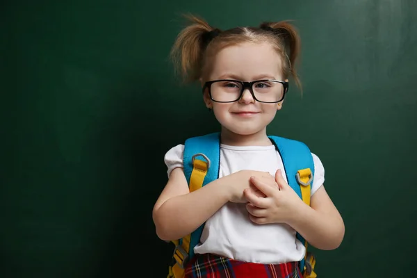 Cute Little Child Wearing Glasses Chalkboard First Time School — ストック写真