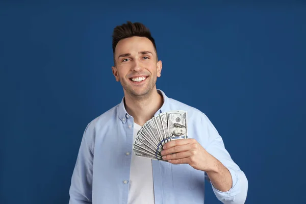Happy Man Cash Money Blue Background — Stock Photo, Image