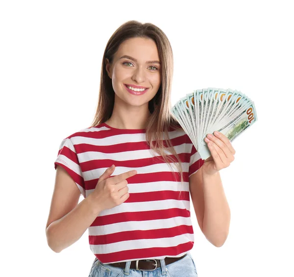 Junge Frau Mit Geld Auf Weißem Hintergrund — Stockfoto