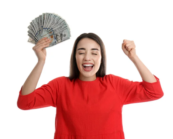 Emotionale Junge Frau Mit Geld Auf Weißem Hintergrund — Stockfoto