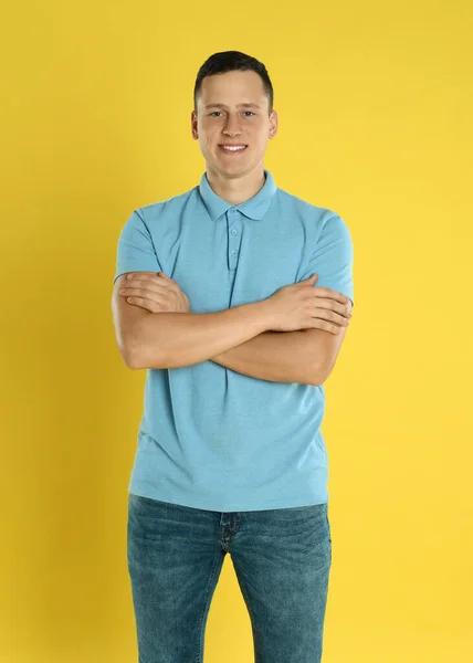Happy Handsome Young Man Yellow Background — Stock Photo, Image