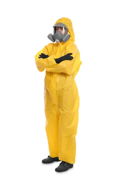 Woman Wearing Chemical Protective Suit White Background Virus Research — Stock Photo, Image