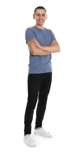 Full Length Portrait Happy Young Man White Background — Stock Photo, Image