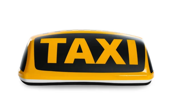 Táxi Amarelo Sinal Telhado Isolado Branco — Fotografia de Stock