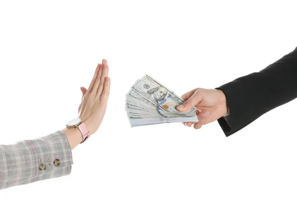 Woman Refusing Take Bribe White Background Closeup Hands — Stock Photo, Image