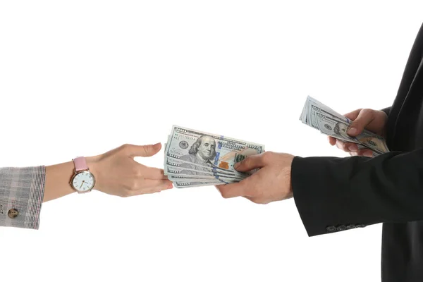 Man Giving Bribe Money Woman White Background Closeup Hands — Stock Photo, Image