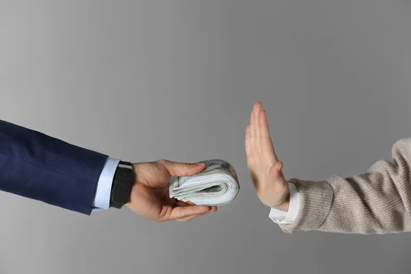 Woman Refusing Take Bribe Grey Background Closeup Hands — Stock Photo, Image