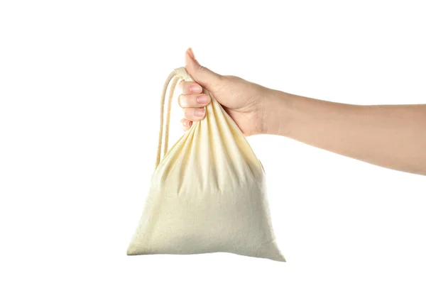 Woman Holding Full Cotton Eco Bag White Background Closeup — Stock Photo, Image