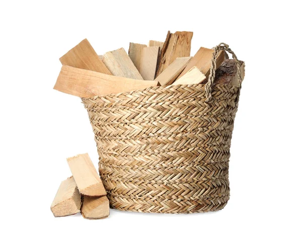 Wicker Basket Cut Firewood Isolated White — Stock Photo, Image