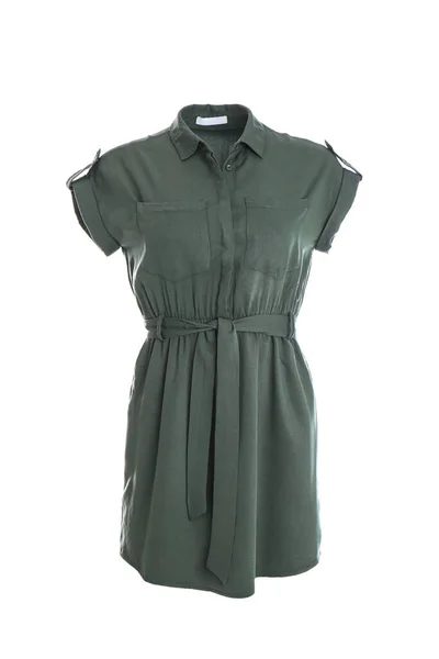 Элегантное Зеленое Платье Манекене Белом Фоне Женская Одежда — стоковое фото