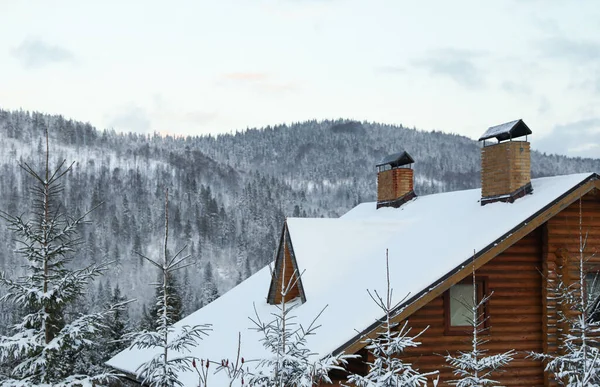 冬の朝に雪に覆われた木造コテージとモミの木 — ストック写真