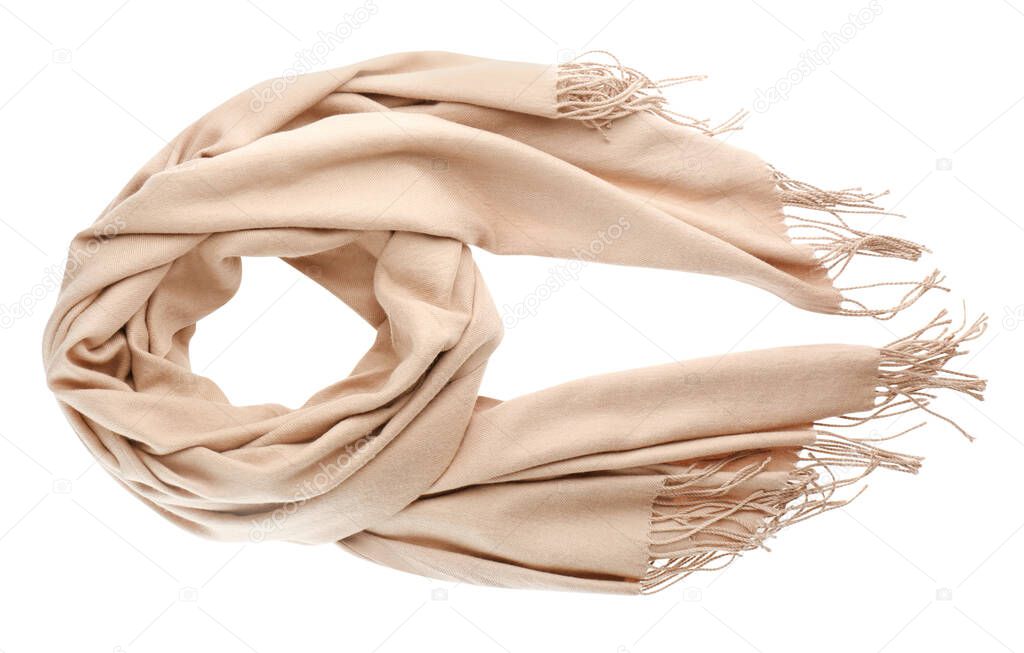 Soft beige scarf isolated white, top view