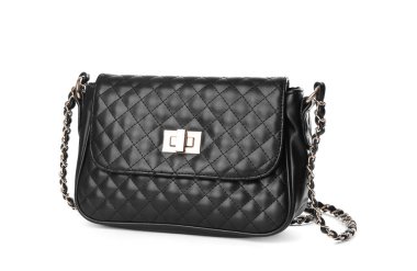 Beyaz üzerine izole edilmiş şık siyah deri çanta.