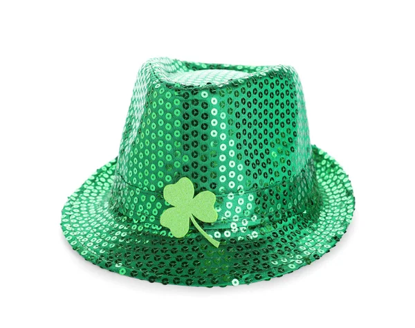 Grön Pysslad Hatt Med Klöverblad Isolerat Vitt Patrick Day Firande — Stockfoto