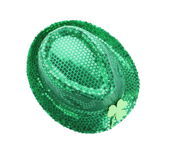 Sombrero Duende Verde Con Hoja Trébol Aislada Blanco Vista Superior —  Fotos de Stock