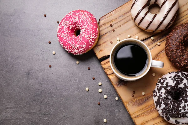Yummy Donuts Sprinkles Coffee Grey Table Flat Lay Space Text — Stock Photo, Image