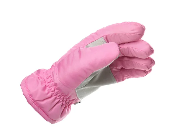 Женщина Розовой Лыжной Перчатке Белом Фоне Крупный План Зимняя Спортивная — стоковое фото