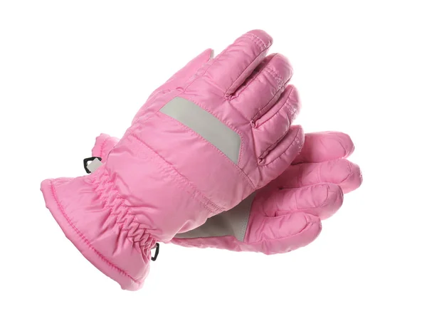 Woman Wearing Pink Ski Gloves White Background Closeup Winter Sports — Stockfoto