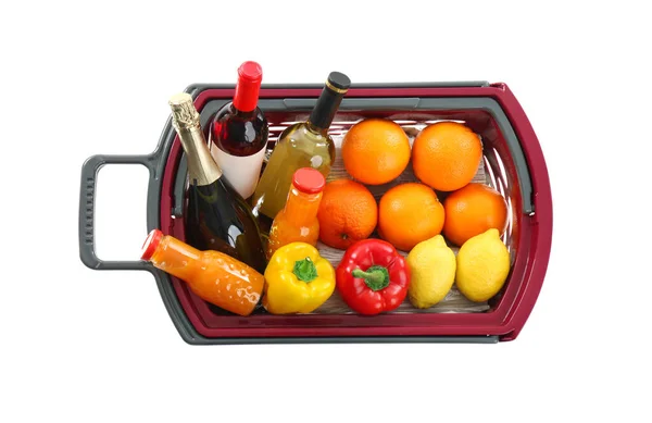 Shopping Basket Full Different Products Isolated White Top View — Stock Photo, Image