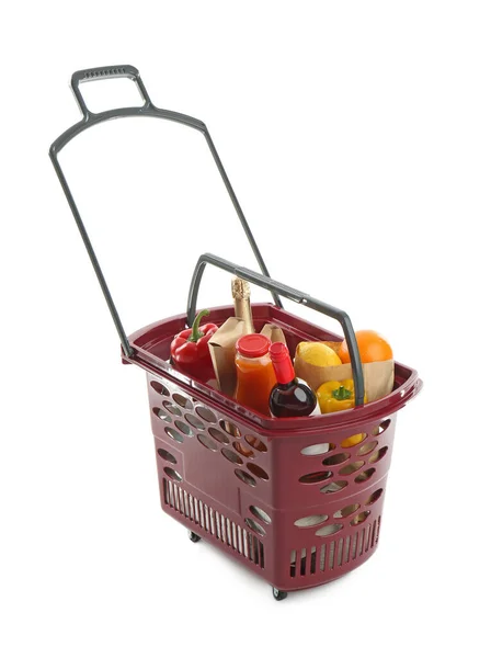 Shopping Basket Full Different Products Isolated White — Stockfoto