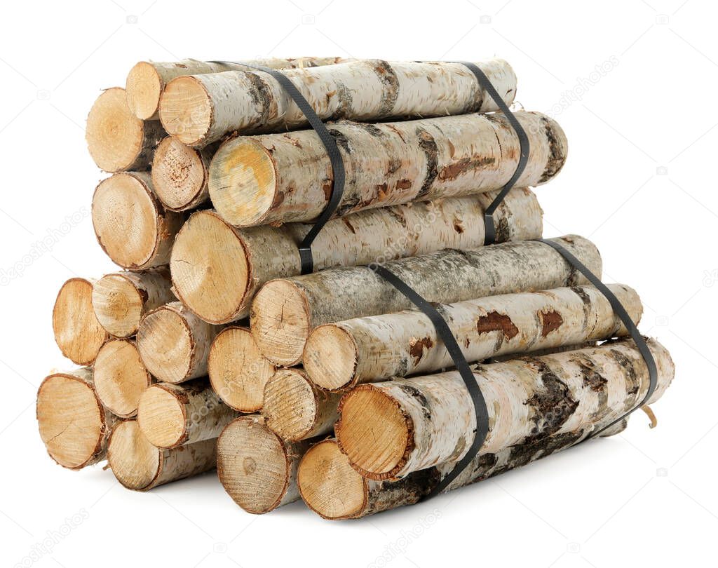 Bunches of cut firewood isolated on white