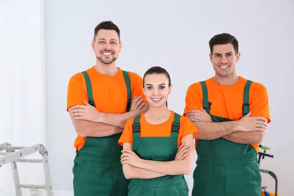 Team Professional Janitors Uniform Indoors Cleaning Service — Stock Photo, Image