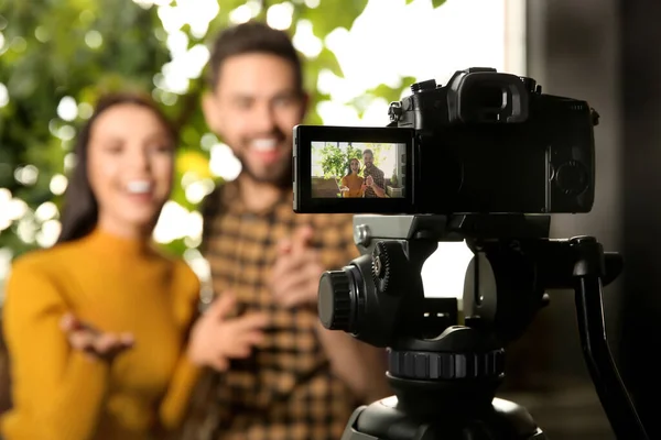 Young Bloggers Recording Video Indoors Focus Camera Screen — Stock Photo, Image