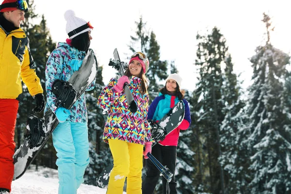 Groep Vrienden Met Materiaal Besneeuwde Bergen Wintervakantie — Stockfoto