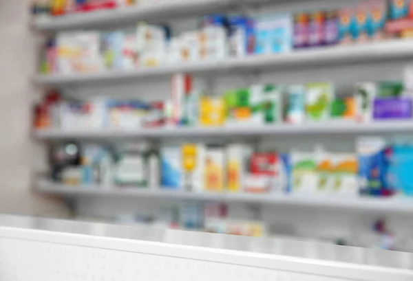 Vista Offuscata Interni Farmacia Moderna Con Medicina Diversa — Foto Stock