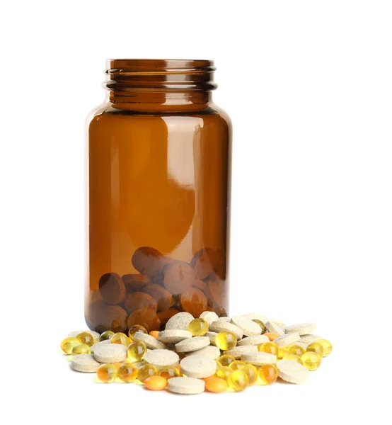 Bottiglia Con Diverse Pillole Vitaminiche Isolate Bianco — Foto Stock