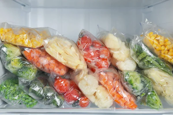 Plastic Bags Different Frozen Vegetables Refrigerator — Stock Photo, Image